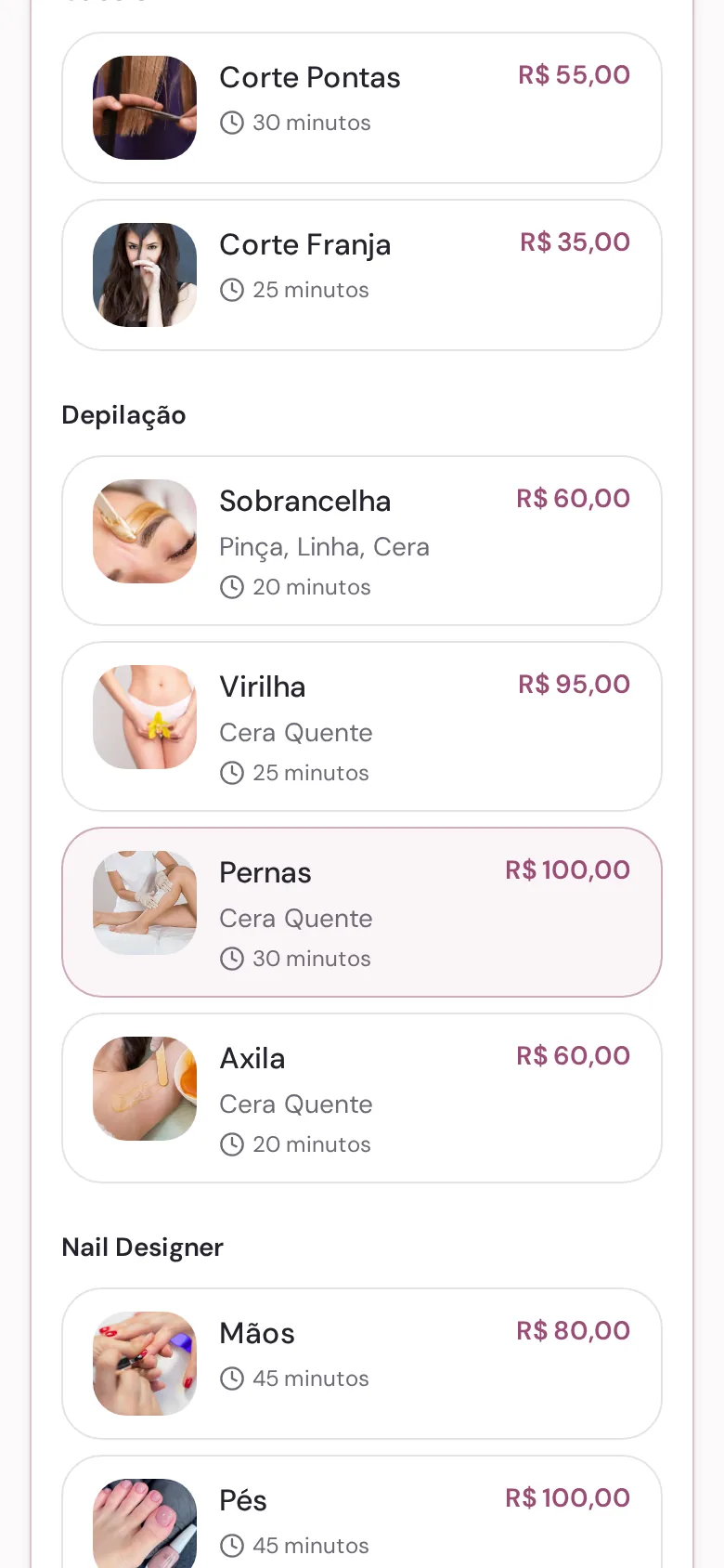 Página pública real de agendamento do AgendaLumia com o passo de escolha do serviço